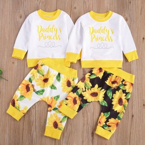 New Girls Two Piece Set, Childrens Color Matching Thread Hemmed Shirt Crew Neck Top Sunflower Print Pants