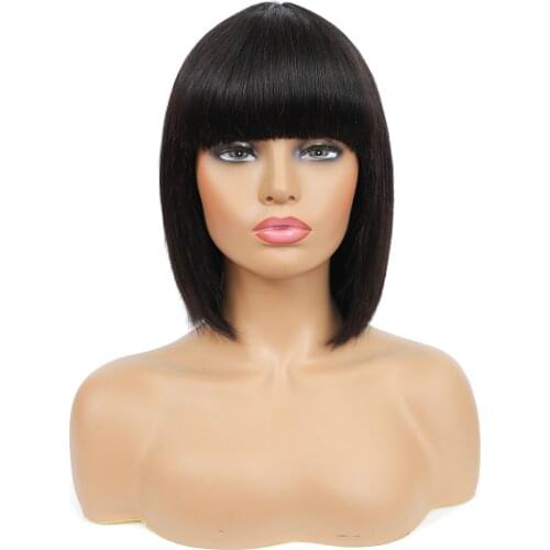 Short Bob Wigs With Bangs Straight Human Hair Wigs For Black Women MISS LISA Full Machine Non Lace Wigs Natural Color Non Remy