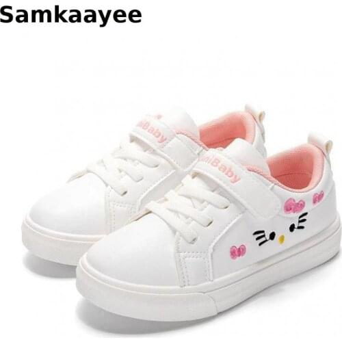 4-16y Children Flats Shoes Spring Autumn Kids Girls Leather Shoes Cartoon Cat Casual Soft Bottom Hook & Loop White Zapatos S26