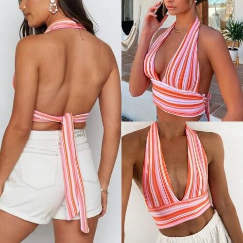 Striped Sexy Cropped Tank Tops Women Ladies Fashion Sleeveless Halter Backless Lace-Up Deep V-Neck Adults Wild Chic Vest