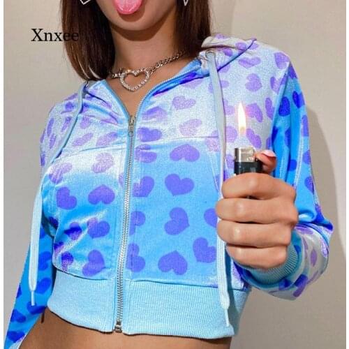 Fall/winter 2021 Womens Pink Velvet Cute Hoodie Womens Heart-Shaped Printed Kawaii Jacket Zipper Long Sleeve Short Sweatshirt