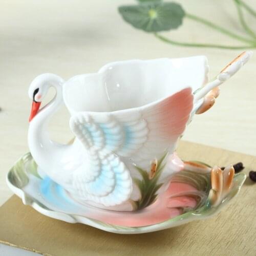 Personalized Enamel Porcelain Swan Coffee Cup With Saucer Spoon Handcraft Collectibles Tea Cup Set Unique Wedding Birthday Gifts
