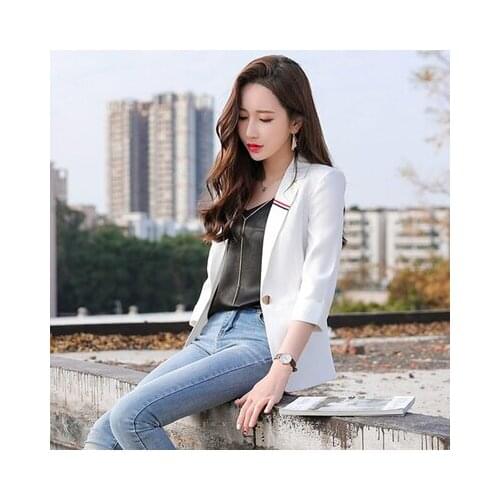 Autumn Summer Woman Professional White Pink Small Coat And Suit Slim Patchwork One Button Notched Office Lady Women Blazer