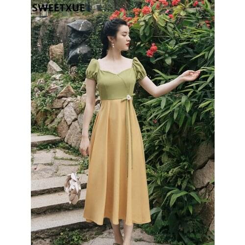 SWEETXUE 2021 Women Summer Square Neck Puff Sleeve Contrast Patchwork Fashion Temperament Elegant Chic Party Lady Dress Vestidos