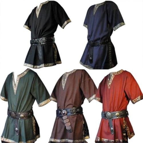 Drop Shipping Medieval Renaissance men Tunic Viking Saxon short sleeve shirt Halloween Cosplay M-4XL