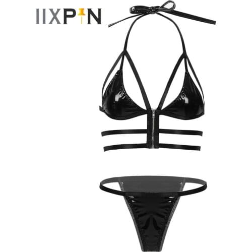 Womens Hot Sexy Bikini Lingerie Set Lace-up Patent Leather Halter Neck Front Zipper Bra Top with T-back Strappy Erotic Sexy Suit