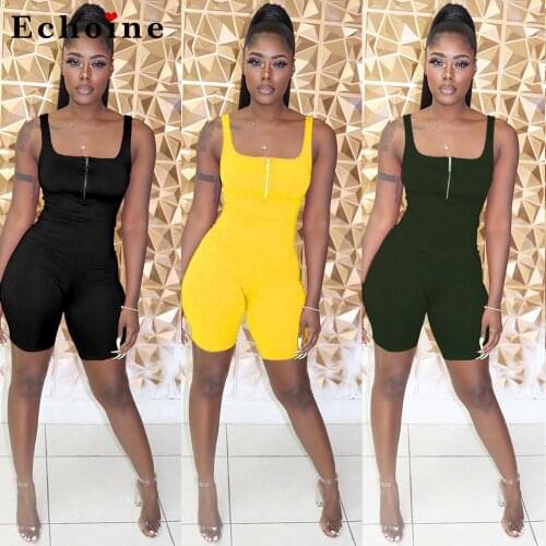 Sexy Tight Jumpsuit Women Shorts Square Collar Strap Backless Casual Playsuits Zipper Outwear Classic Ladies Rompers Overalls