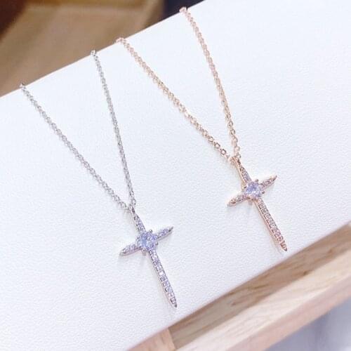 Showfay New Zircon Simple Cross Christian Pendant Necklaces Copper Material Jewelry for Women Gift Drop Shipping