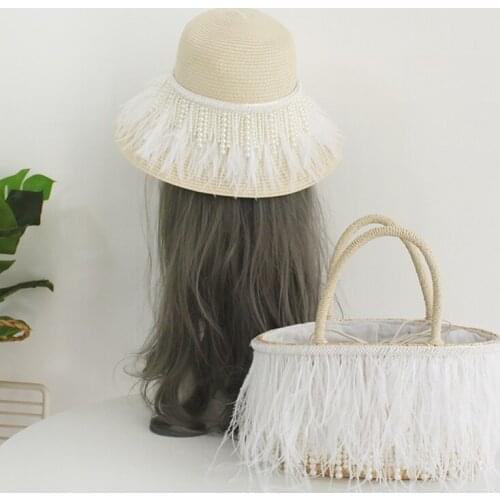 Handmade Straw Bags Women Weaving Rattan Totes Ladies Feather Pearl Tassel Beach Handbags with Sun Hat 2021 NEW Summer