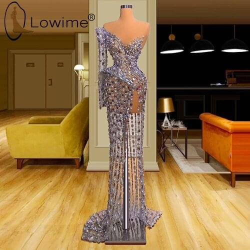 Abendkleider 2021 Heavy Beading Mermaid Evening Dresses One Shoulder Long Sleeve Sexy Illusion Prom Party Gowns Arabic Style