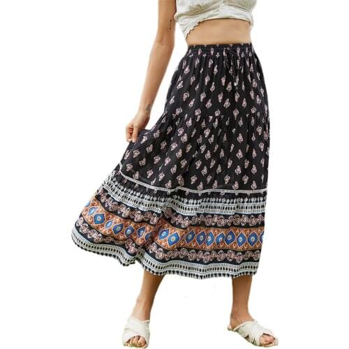 Summer Female Bohemia Skirt Women Fashion Floral Print High Elastic Waist Layered Casual Skirts for Summer Fall
