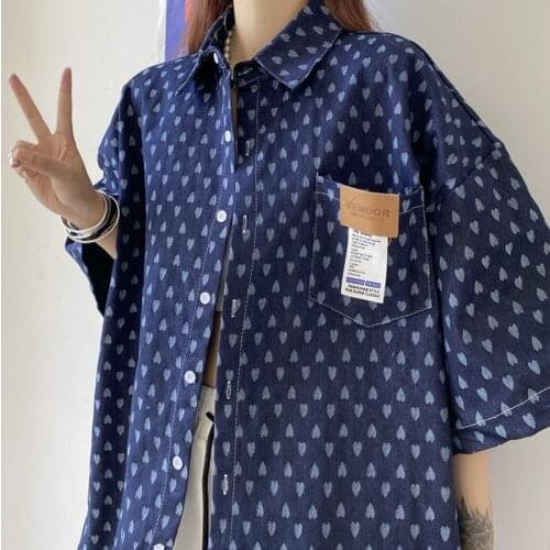 Print Denim Blouse Shirt Women 2021 Spring Fashion Harajuku Shirt Loose Short Sleeve Ladies Tops Oversize Blusas Casual Clothing