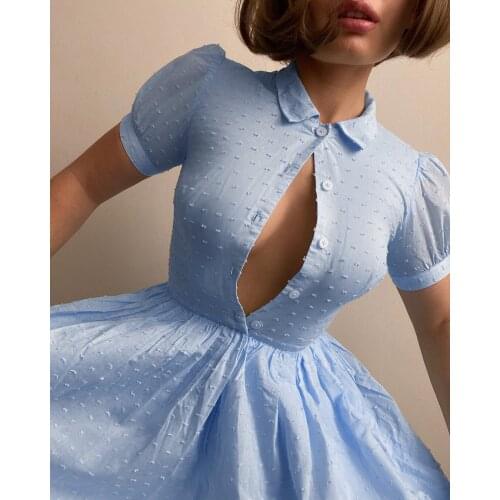 Women Lolita Dress Turn Down Collar Short Sleeve Ball Gown Princess Dress Buttons Puff Sleeve Vintage Sweet Dress Knee Length