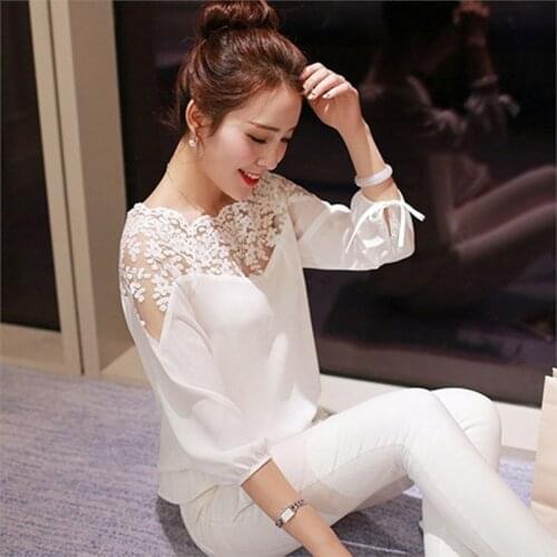 Womens Solid Lace Edge Blouse Summer Chiffon Long Sleeve Lace Black White Shirts Tops Blouse
