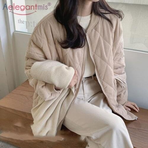 Aelegantmis Korean Loose Corduroy Padded Parkas Women Oversized Causal Thicken Warm Coats Cute Sweet Winter Jacket 2021 Chic