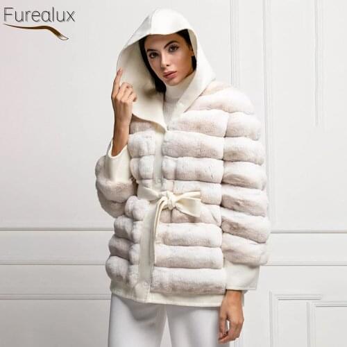 FUREALUX New Arrival Real Woolen Fur Coat With Whole Skin Rex Rabbit Fur Autumn Winter Fashion Short Slim Warm Womens Clothing