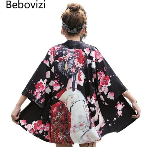 2020 Fashion Yukata Haori Anime Print Japanese Kimono Cardigan Summer Women Belt Costume Clothing Black Hawaii Vacation Shirt