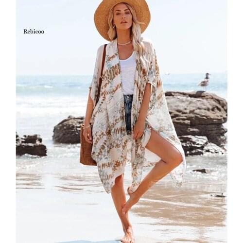 Women New Fashion Summer Beach Dress Chiffon Bikini Cover-Ups Blouse Sun Block Sexy Cardigan Print Swimming
