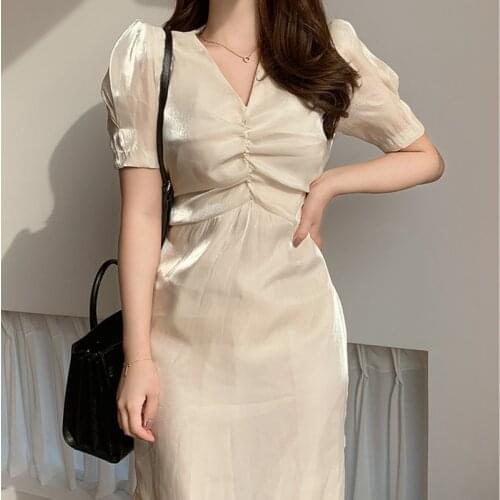 New Arrival Fashion Korean Style Dress Women Elegant Summer Temperament Office OL Solid V-Neck Mermaid Party Dresses
