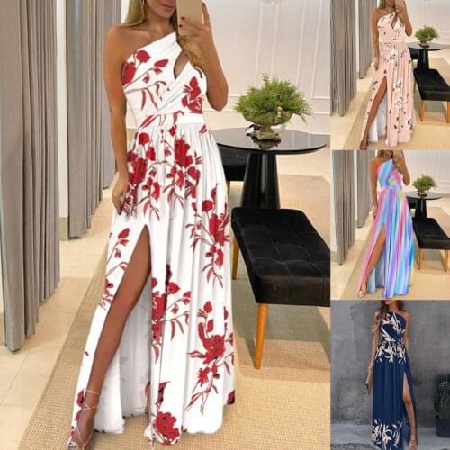 Ladies Stylish Elegant Glamorous Maxi Dress Floral Print Hollow Out Sexy Skew Neck One Shoulder Formal Dress for Wedding Banquet