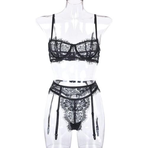 3 Pcs Women Sexy Lingerie Set, See-through Eyelash Lace Bra with Spaghetti Straps + Thong + Garter Belt