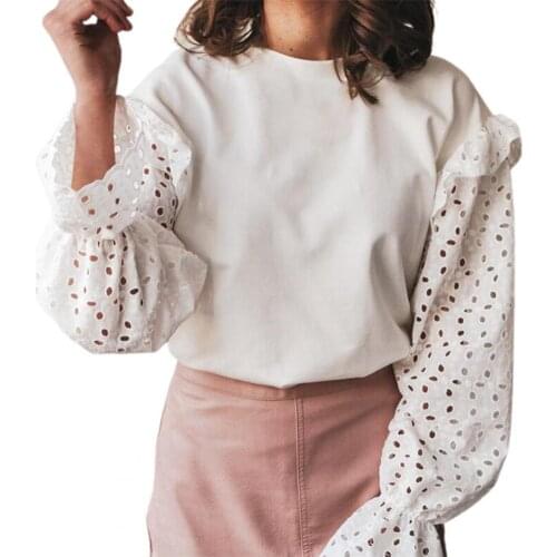 Fashion Lady T-Shirt 2021 Round Neck Patchwork Hollow Out Petal Lace Long Sleeve Blouse Women Accessory for Office