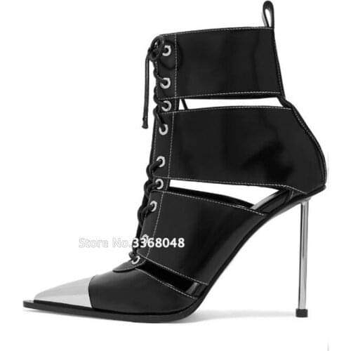 2019 Genuine Leather Metal Toe Ankle Boots Stiletto High Heels Hollow Out Summer Sandal Boots Sexy Lace Up Rome Style Shoes