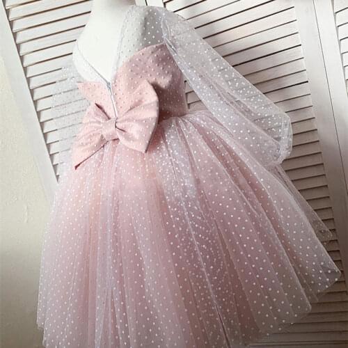 Long Sleeves Girl Autumn Dress Tutu Fluffy Wedding Gown Princess Polka Dots Kids Dresses For Girls Baby Children Party Wear