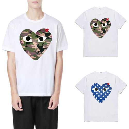 Have eyes)Summer Couple T-shirt Cotton Embroidery Love Peach Short-sleeved Round Neck Camouflage Loose Casual Men Women T-shirt