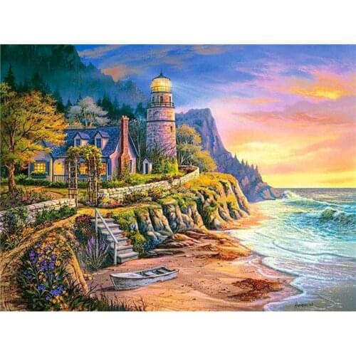 GATYZTORY Painting By Numbers Kits Unique Gifts Lighthouse Landscape Oil Paint DIY Framed Bedroom Home Wall Decor Photo