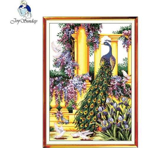 Joy sunday Purple flowers peacock Samped Counted Needlepoint Patterns Cross Stitch Design Needlework Embroidery Cross Stitching