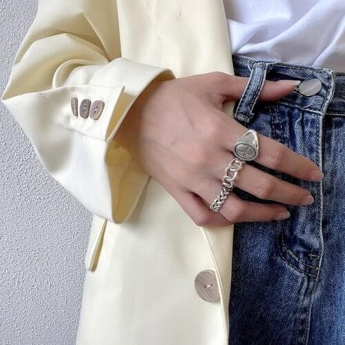 Punk retro Authentic S925 Sterling Silver FINE Jewelry N Chain &Oval Ring adjust TLJ1677