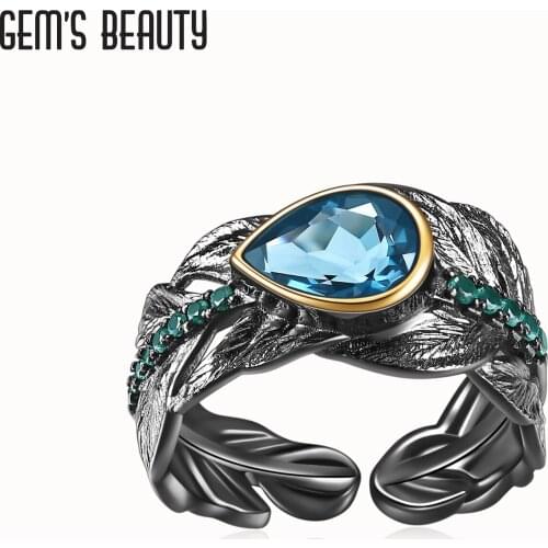 GEMS BEAUTY 925 Sterling Silver Feather Rings For Women Natural Pear Cut London Blue Topaz Handmade Adjustable Open Rings