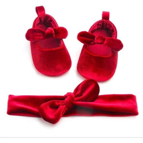 Lovely Baby Shoes Bowknot Headband Set Infants Cotton First Walkers Antislip Baby Girls Princess Shoes