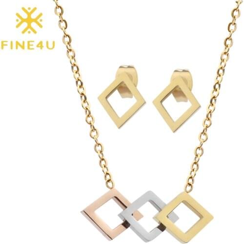 FINE4U N221 Trendy Jewelry Rhombus Square Pendant Necklaces Earrings Sets Stainless Steel Wedding Bridal Jewelry Sets For Women