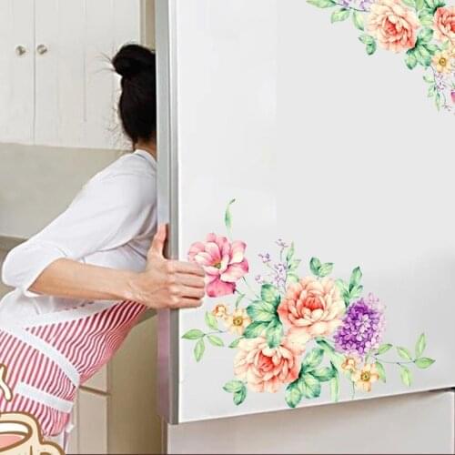 Colorful Flowers 3D Wall Stickers Beautiful Peony Fridge Stickers Wardrobe Toilet Bathroom Decoration PVC Wall Decals Adhesive