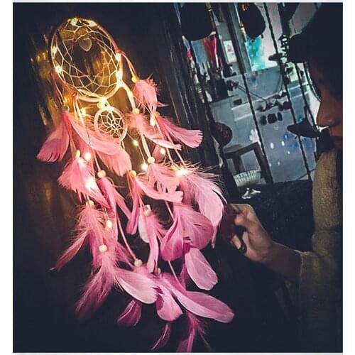 Wall Dreamcatcher diy Led Copper wire Fairy light Handmade Feather Dream Catcher Wind Chime For Girls Room Home Decoration Gift