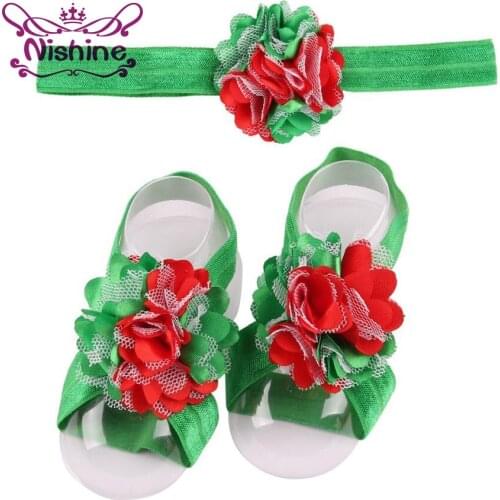Nishine 3pcs/set Cute Girls Newborn Flower Headband With Satin Flower Barefoot Sandal Shoes Set Children Accessories Photo Prop