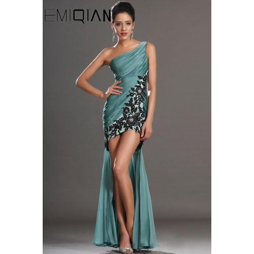 New Arrival Fantastic One shoulder Asymmetricel Chiffon Evening Dress,Hi-lo Evening Gown with Floral Lace Applique