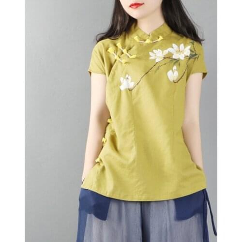 Chinese Style Clothing Women Vintage Floral Print Qipao Tops Hanfu Tee Shirt Qi Pao Tang Suit Blouse T-Shirt Cheongsam Top 10713