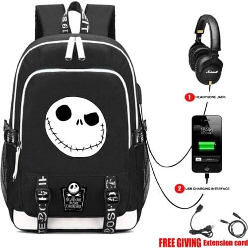 The Night Before Christmas Skull Jack Backpack Rucksack Bag w/ USB Fashion Port/ Headphone interface Students Book Laptop bag