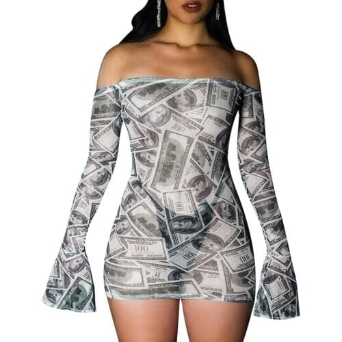 Off Shoulder Sexy Women Bodycon Mini Dress Female Fashion Mesh Dollar Print Bag Hip Flare Sleeve Party Clubwear Dresses 2020 New