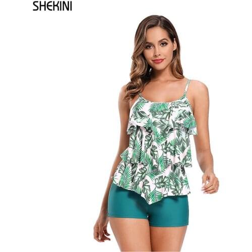 SHEKINI Womens Vintage Floral Print Strap Swimsuit Ruffle Flounce Tankini Top with Low waist Boyshorts Summer Beach Swimwear