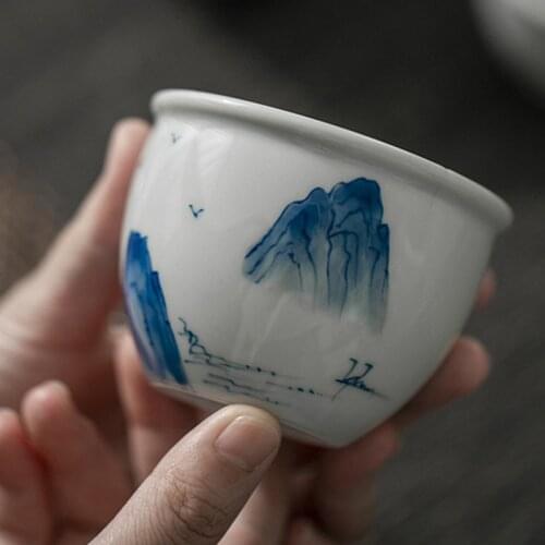 Blue And White Ceramic Water Cup Ancient Hand-painted Tea Cup Green Gray Tire Large Landscape Painting Literati Master Cup