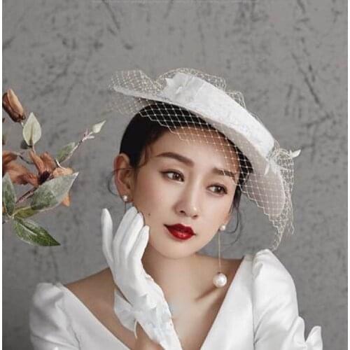 Vintage Wedding Hats Lace Women Net Bridal Hats White Wedding Accessorie Brides Fascinator Sinamay Wedding Birdcage Veil Gloves