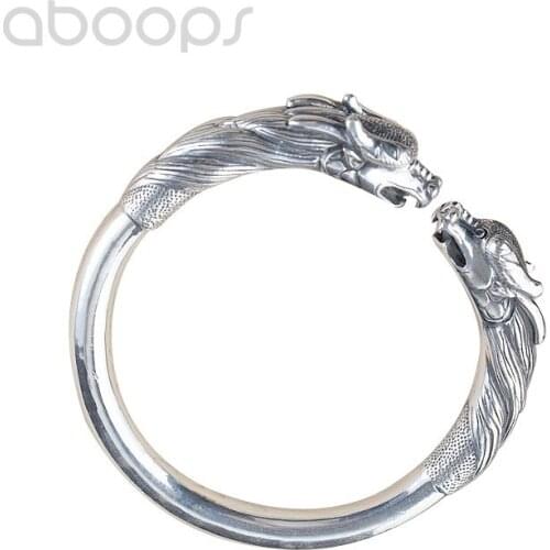 Vintage 990 Sterling Silver Open Bangle with Double Dragon Heads for Men Boys,Chinese Style,60mm,Free Shipping