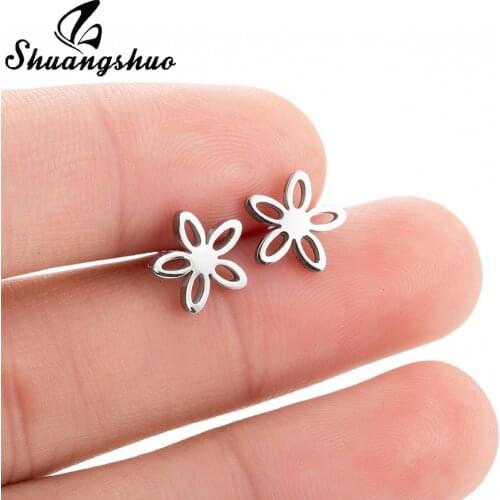 Shuangshuo Cute Flower Shape Stainless Steel Stud Earrings Gold Color Earring Fashion Blossom Boucle D'oreille for Women Jewelry