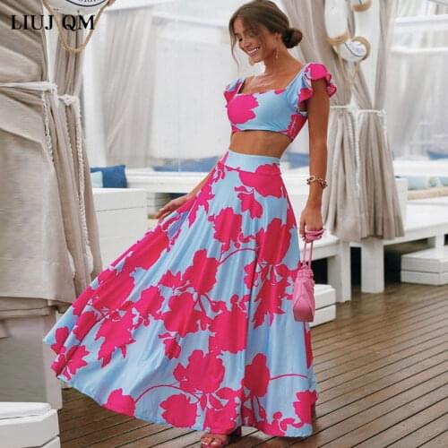 Plus Size Summer 2 Piece Set Women Crop Top + High Waist Long Skirt Set Maxi Matching Sets Printed Boho Sexy Beach Dresses Set