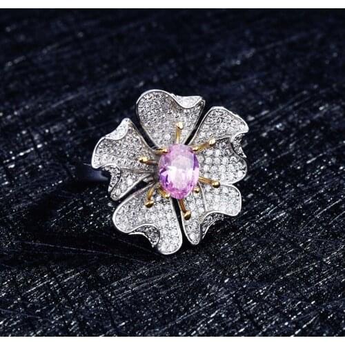 QTT Luxury Female Pink Crystal Ring Charm Silver Color Wedding Rings For Women Cute Flower Zircon Open Engagement Ring 6*8