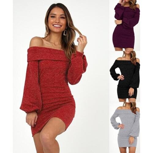Plus size mini casual bodycon club long Sleeve Slash neck sexy fall spring party women sweater dress winter dresses women